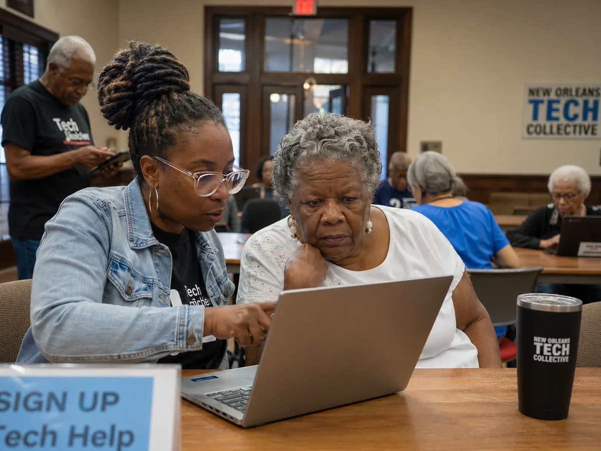Illustration of an instructor helping an adult learner use a laptop