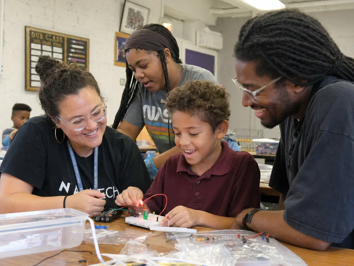 Illustration of young people learning about electronics together at a classroom table